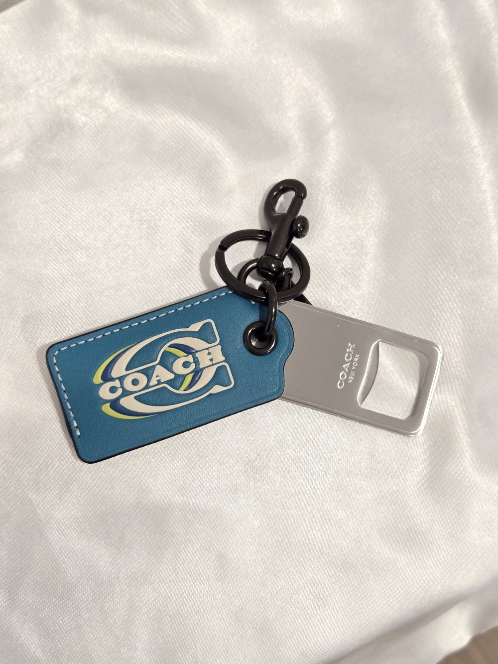 Coach Teal Blue Logo Leather Key Fob/Bottle Opener with Gunmetal Hardware NWOT - Picture 2 of 6